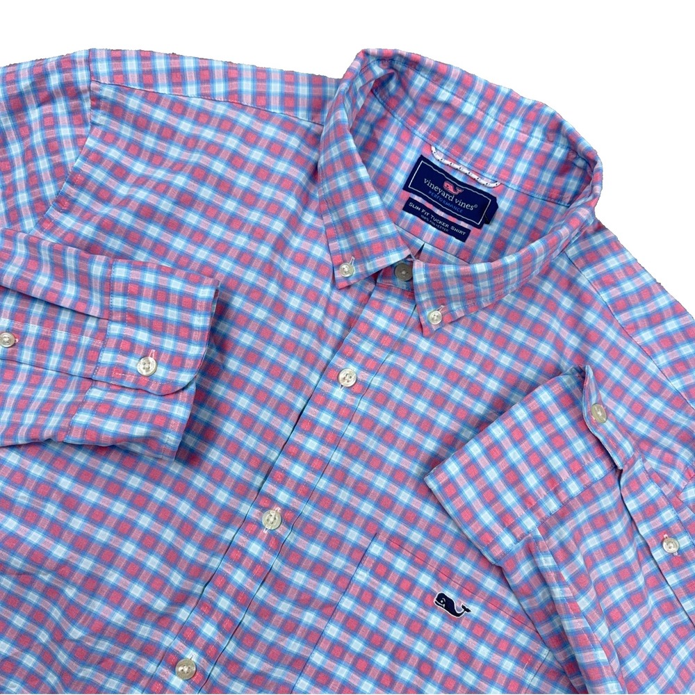 Vineyard Vines Shirt Men lXL Blue Pink Performance Button Up Slim Fit Tucker